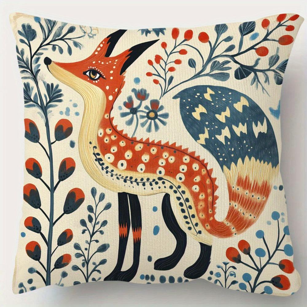Folk Art Fox Floral Throw Pillow Cover Scandinavian Boho Animal Print Decorative Cushion Case For Cottage Home Decor Gift