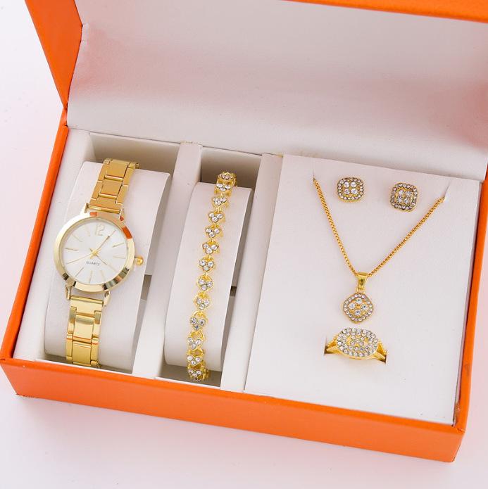 Fake Three-Eyed Ladies 5Pcsset Steel Belt Women'S Watch Casual Korean Edition Quartz Watch Set (Orange Box)