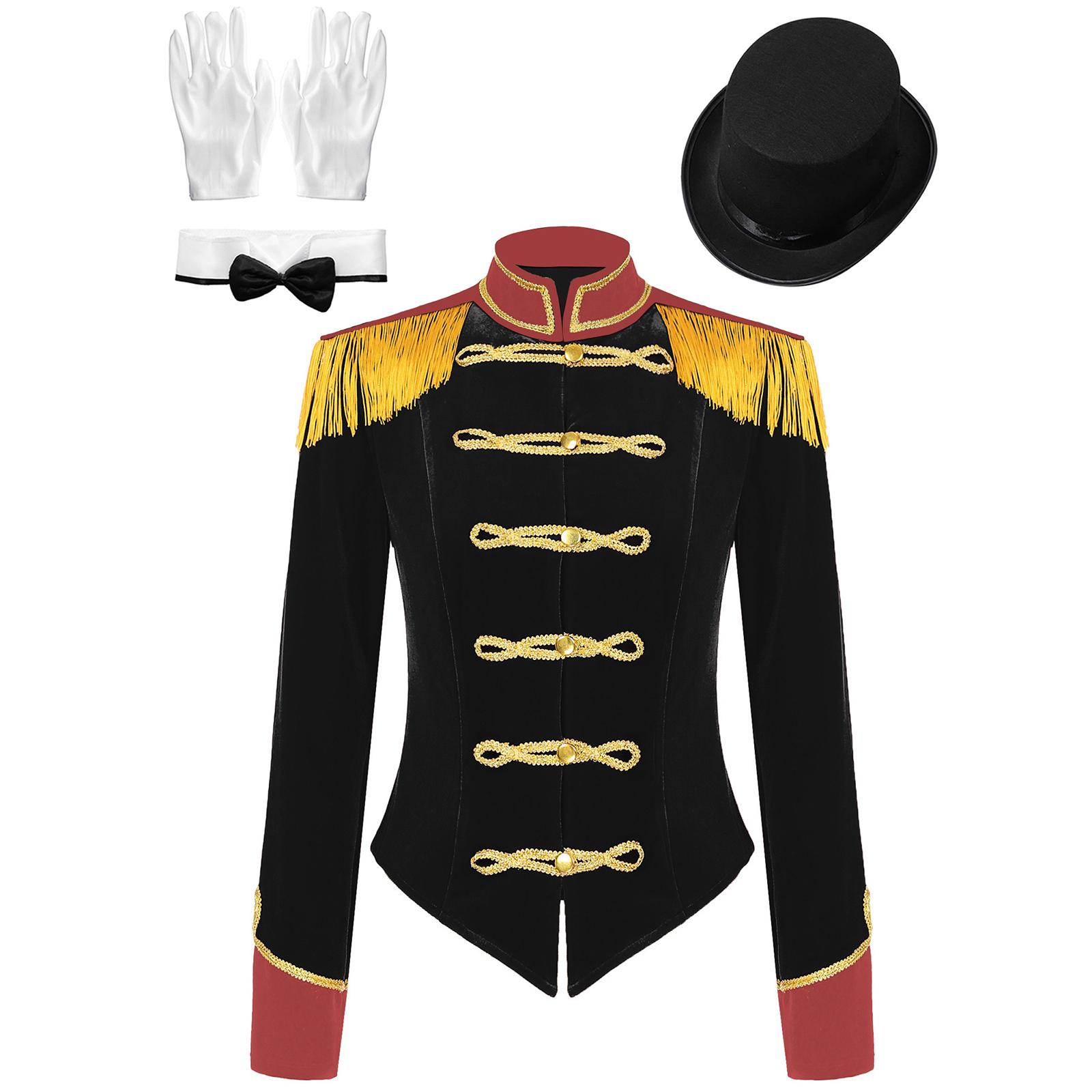 

Women Ringmaster Costume Showman Cosplay Tassel Victorian Jacket with Hat Gloves Stage Shows L чорний