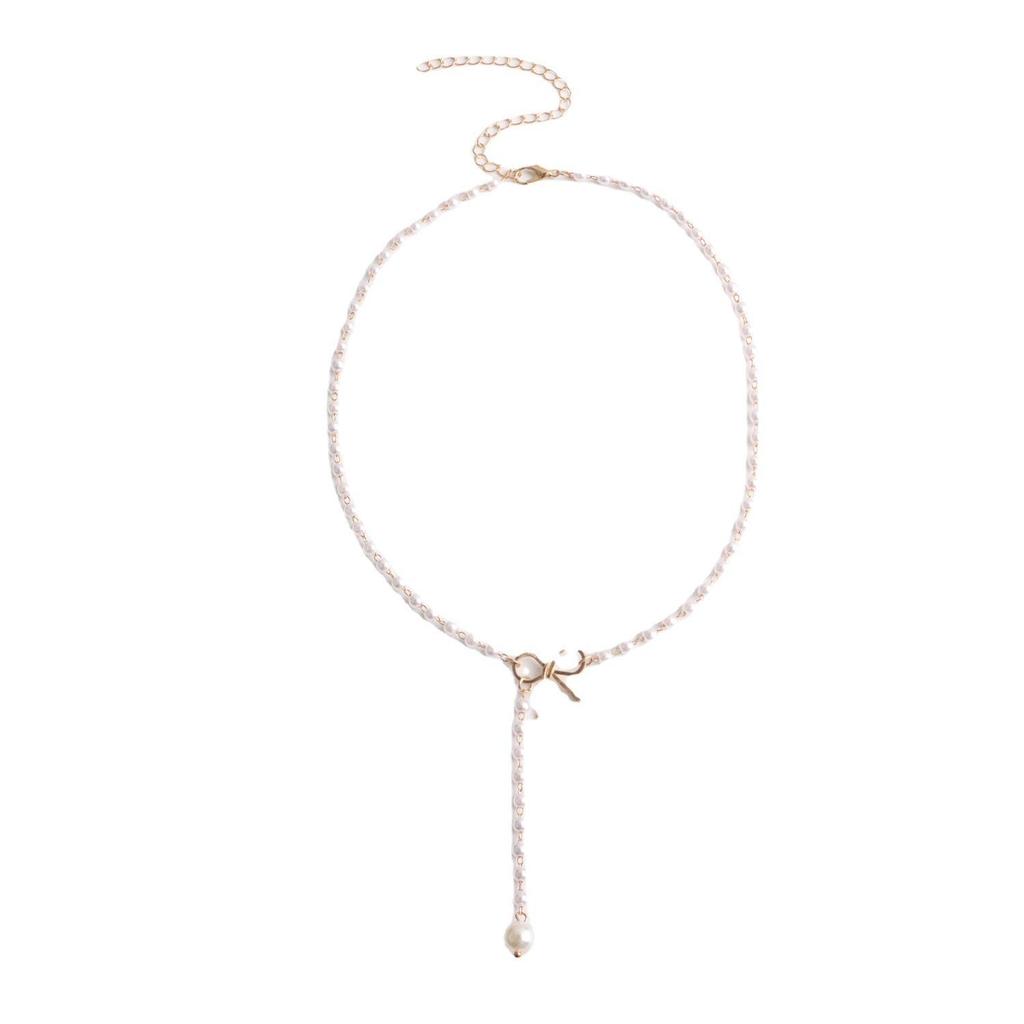 European & American Style Bow Long Pearl Tassel Choker Necklace: Fashionable Design with Clavicle Pendant for Women