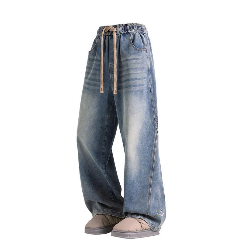 Plus Size Mens Jeans Design Fashion Embroidered Hem Heavyweight Casual Straight Leg Denim Pants