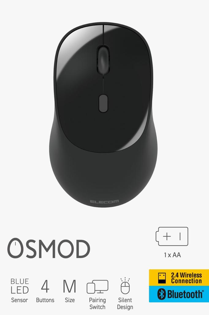 ELECOM OSMOD Wireless Mouse, Quiet, 2.4GHz, Bluetooth, Multi-Pairing, 4 Buttons, Dry Operation, Medium, Black, M-MY20MBSBK-G