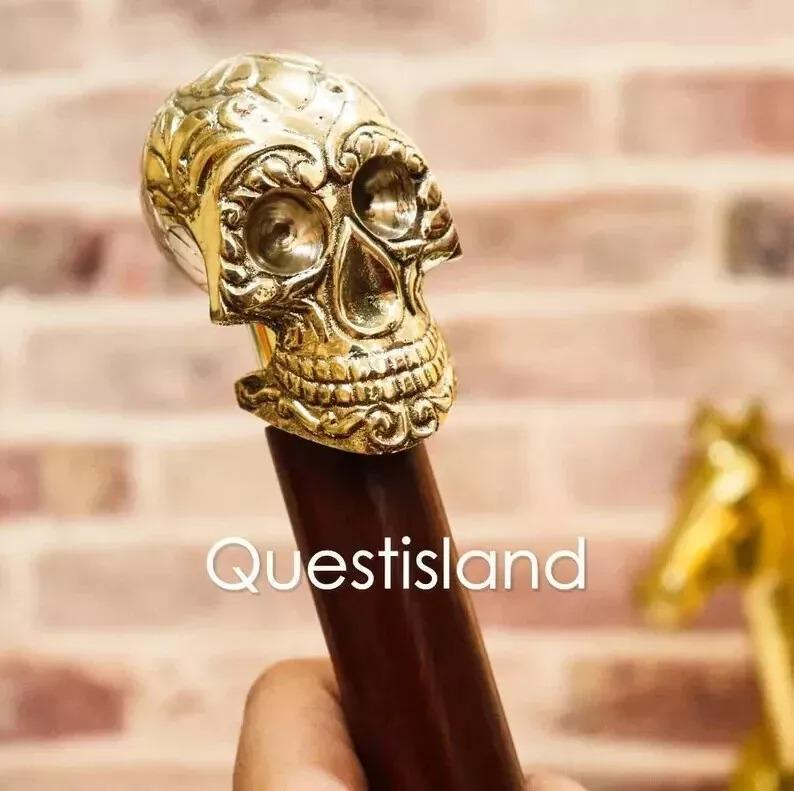 Skull Head Handle Brass Wooden Victorian Foldable Cane Collectible