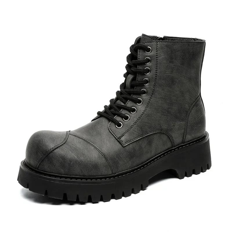 

Men s Style Niche High-end Design Thick-soled Heightening Locomotive Pure Black Trend Tooling Big Head Chelsea Boots 45