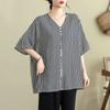 Cotton and Linen Plus Size Women's Summer New V-neck Striped Button Pullover Top Loose Slimming Shirt for Fat People