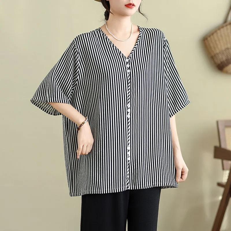Cotton and Linen Plus Size Women's Summer New V-neck Striped Button Pullover Top Loose Slimming Shirt for Fat People