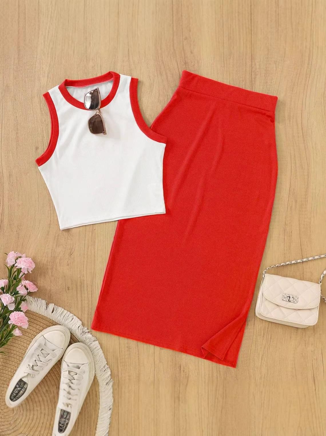 Women s Relaxed Two-piece Skirt Set Sleeveless Color Block Crop Top High Waist Midi Skirt XS