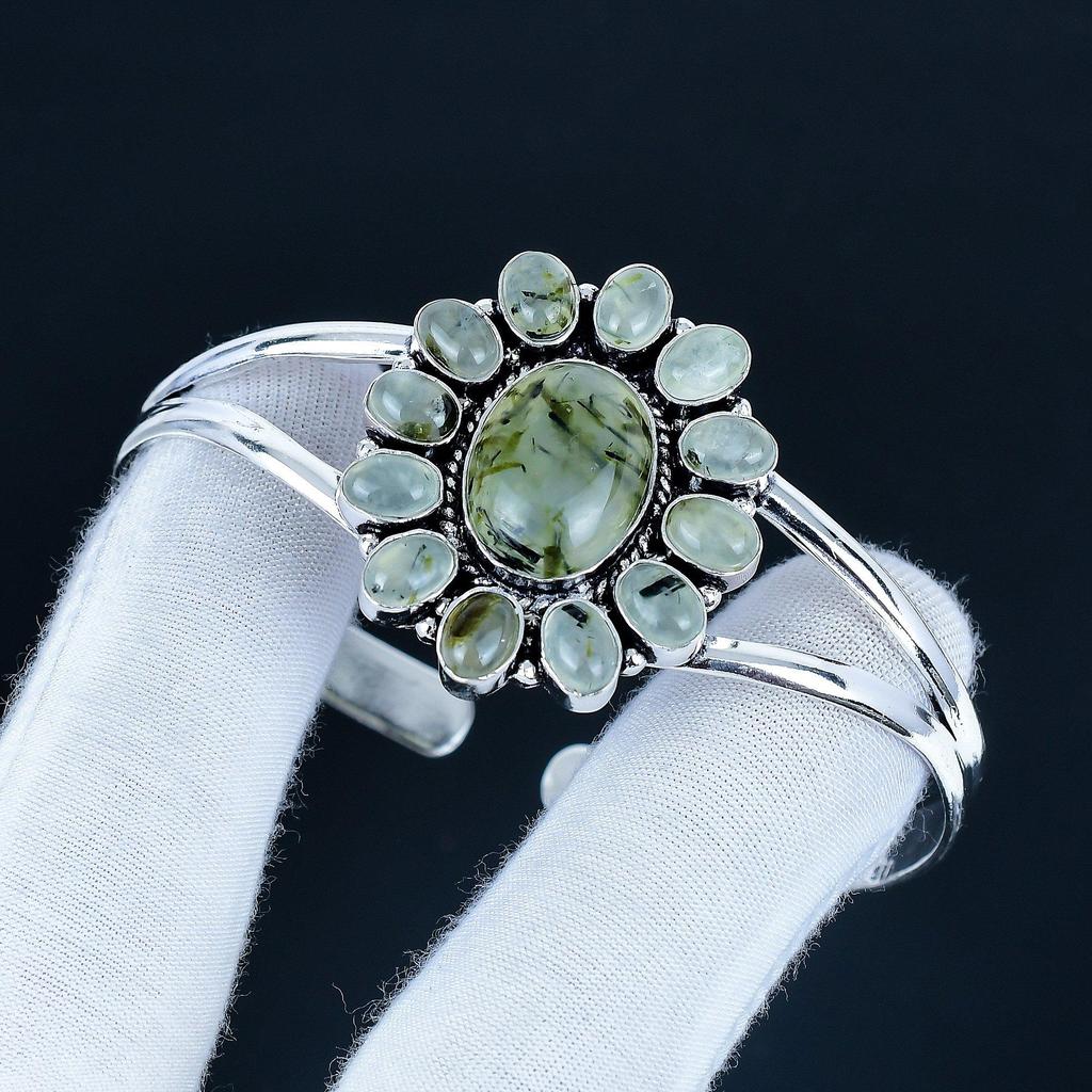 Natural Prehnite Gemstone Handmade Cuff Bangle 925 Sterling Silver Cuff Bangle, Prehnite Flower Shape Bracelet For Wife, Unisex Bangle Gifts