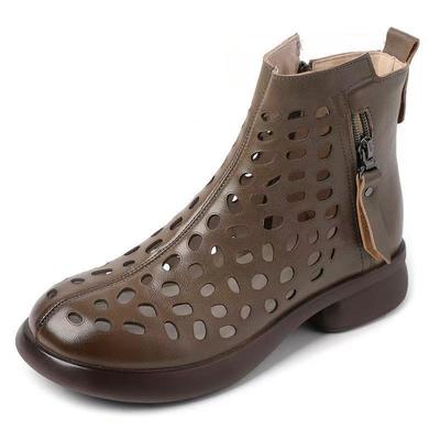 Frühling Sommer Neue Damen Leder Ausgeschnitten Hohe Stiefel Niedriger Blockabsatz Rutschfest Atmungsaktiv Runde Zehen Reißverschlüsse Höhlen Sandalen