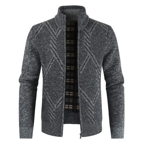 Stand Collar Long Sleeves Fleece Lining Sweater Coat Men Autumn Winter Geometric Pattern Zipper Placket Knitted Outerwear