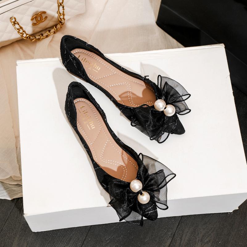 Übergröße Ballerinas für Damen Sommer Spitz Zehenbereich Perle Schleife Slipper Mädchen Slip-on Bootsschuhe Damen Schöne Sandalen