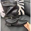 Fashion New Retro Boots Popular Flame Rivet Pleated Knight Boots Women Pointed Toe Chunky Heel Belt Buckle Black Leather Mid Calf Boots