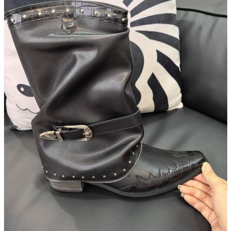 Fashion New Retro Boots Popular Flame Rivet Pleated Knight Boots Women Pointed Toe Chunky Heel Belt Buckle Black Leather Mid Calf Boots