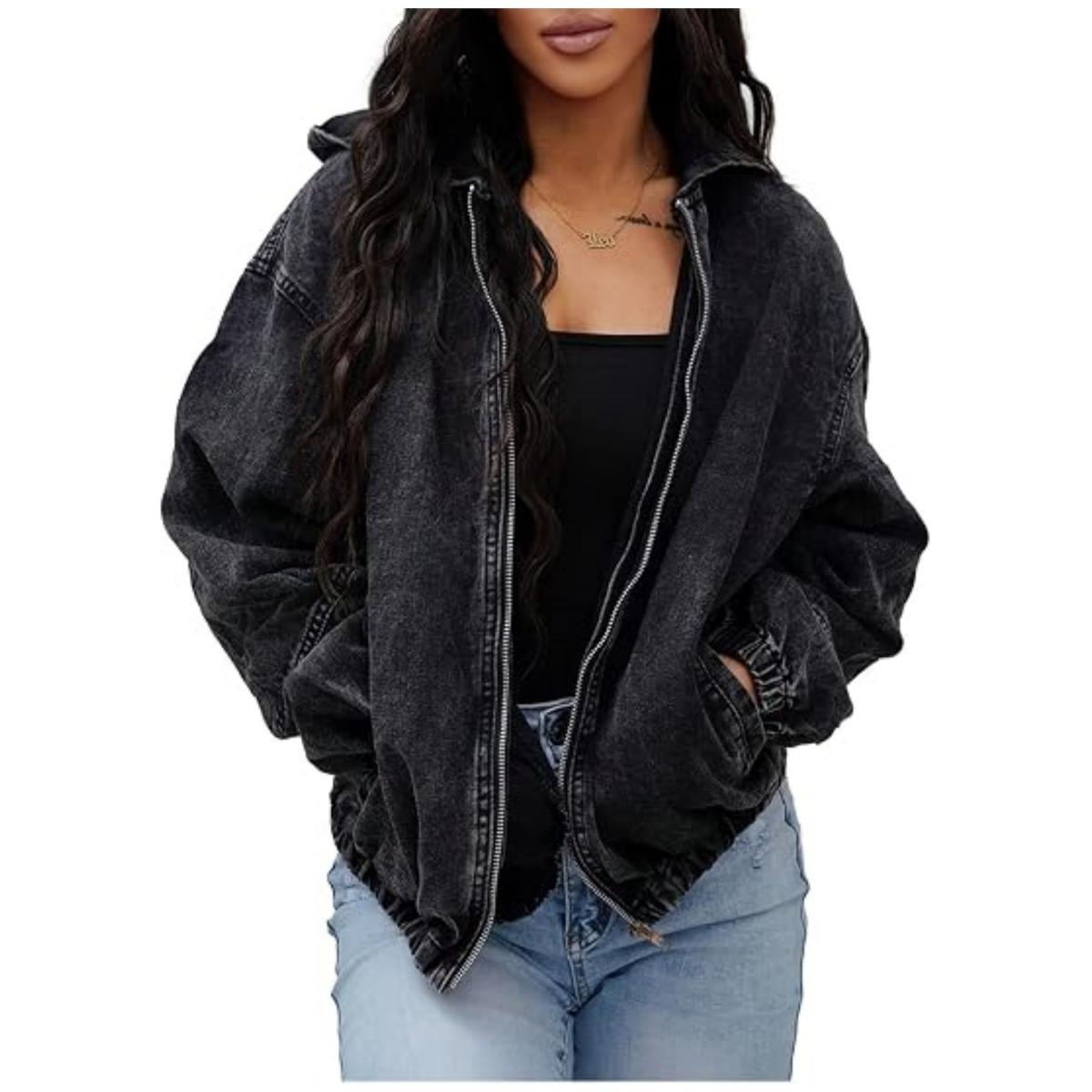 Women`s Vintage Washed Distressed Hooded Denim