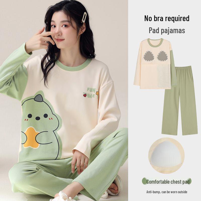 Women's Korean Style Cartoon Long Sleeve Casual Home Set with Chest Pads