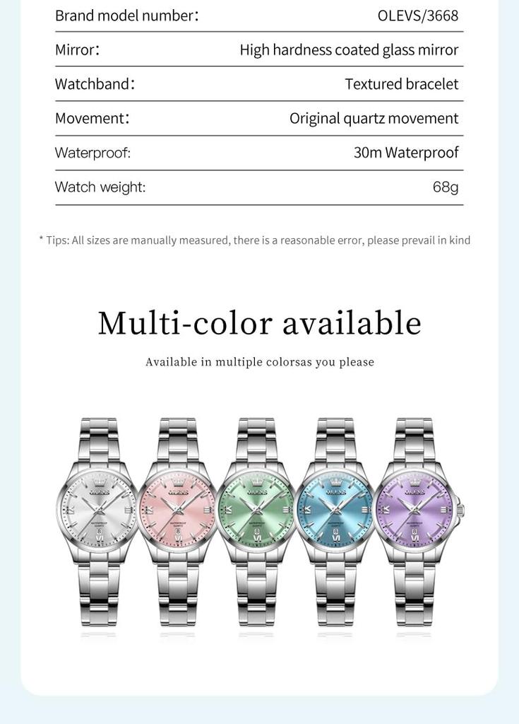 OLEVS Women's Quartz Watch, Cute, Lightweight, Stainless Steel, Waterproof, Luminous, Gift, Pink