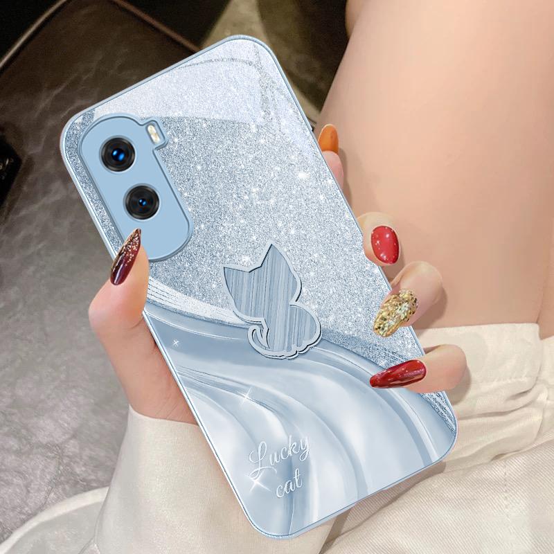 Sparkling Diamond Cat For Honor 200 90 8X 9X Pro Lite P50 P40 Nova 10 11i P60 Magic4 6 Mate 20 50 Tempered Glass Phone Case