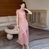 French vintage summer new Chinese slimming improved qipao sweet patchwork pink elegant fake two-piece dress for women