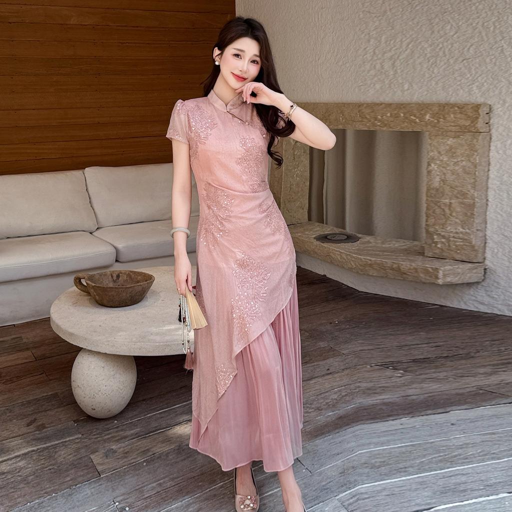 French vintage summer new Chinese slimming improved qipao sweet patchwork pink elegant fake two-piece dress for women