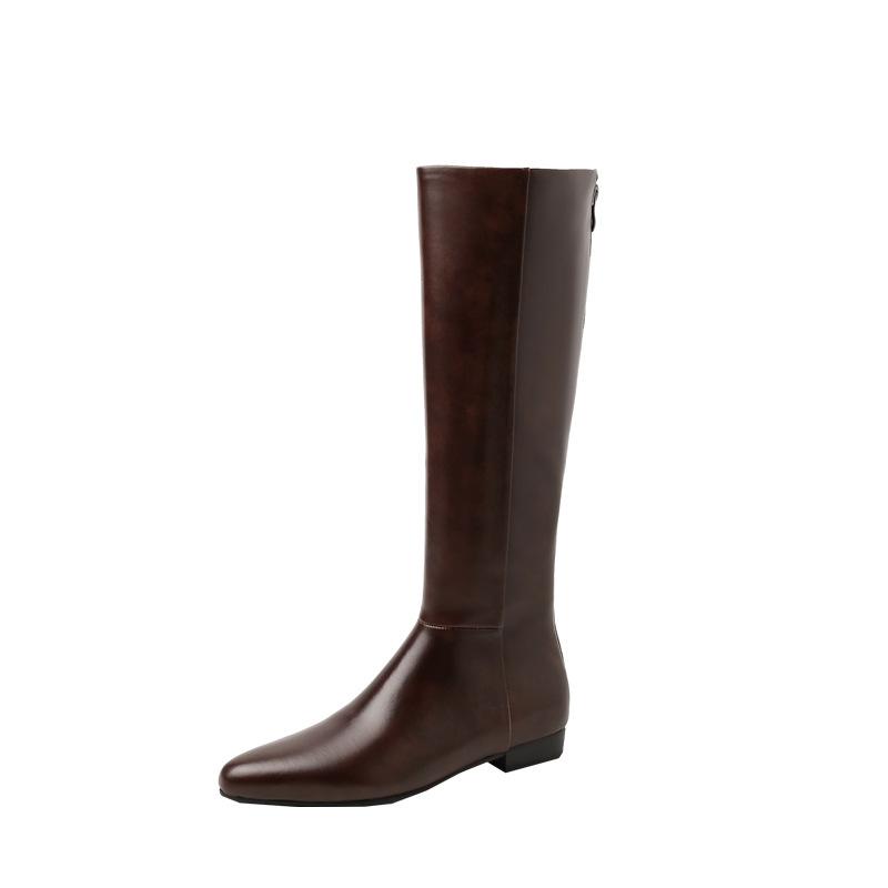 Pointed Inner Height Increase Low Heel High Knight Boots Women'S Leather But Knee Boots Skinny Brown Straight Boots