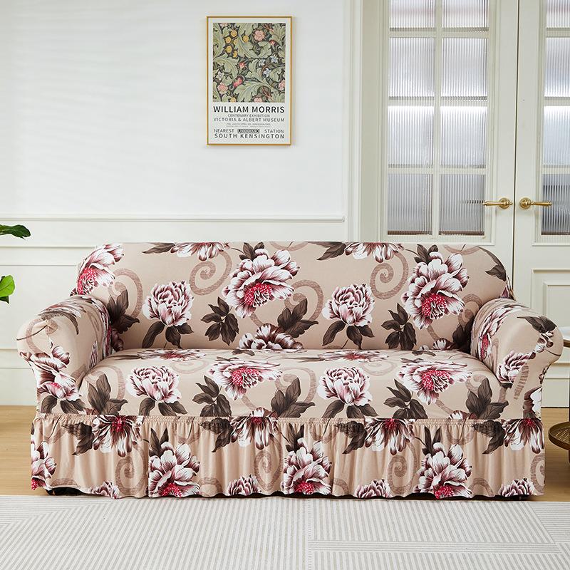 Floral Printed Elastic Sofa Cover With Skirt Hem Non-Slip Seat Cushion With Elastic Band All-Cover Couch Covers For All Seasons