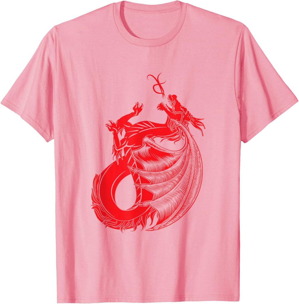 Red Mythical Dragon Graphic Print Cotton Crew Neck TShirt Casual Short Sleeve Tee for Men