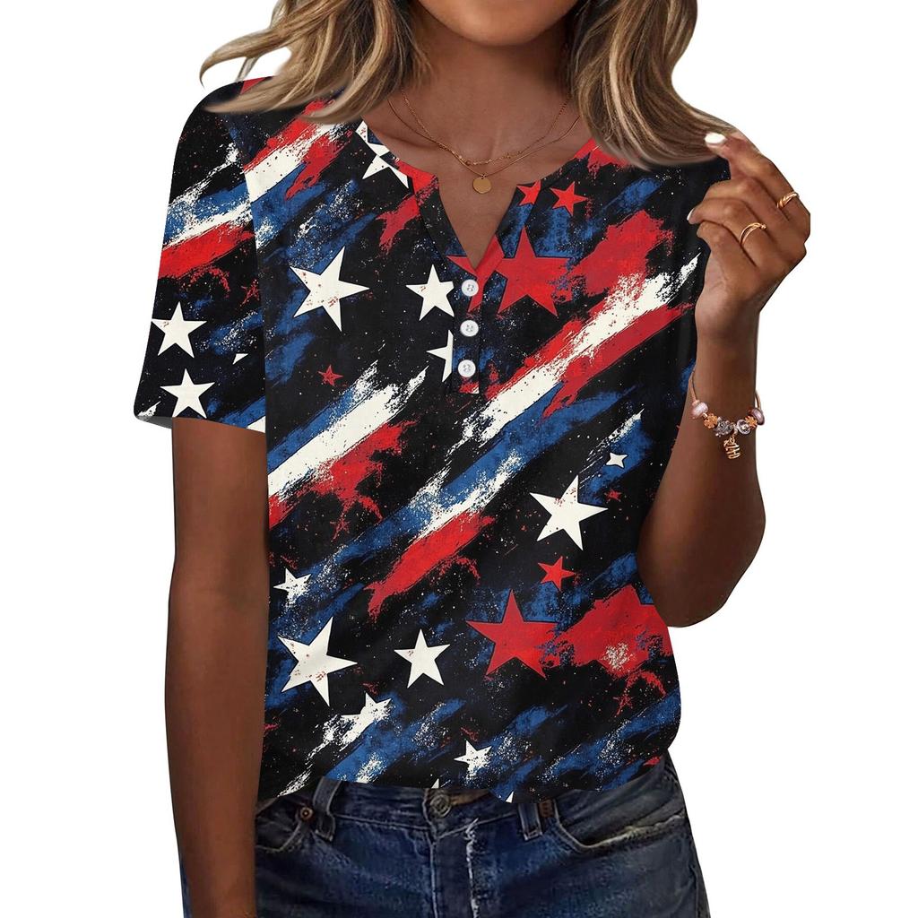 Women's T Shirt Independence Day Print Button Short Sleeve Daily Weekend Fashion Basic V- Neck Regular Top