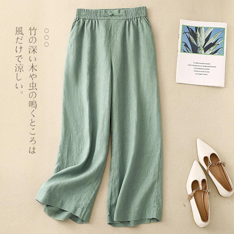 Women S High Waist Loose Fit Wide Leg Cropped Casual Pants With Chinese Knot