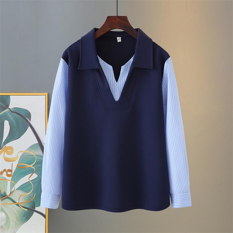 2026 Spring Plus Size Striped V-Neck Hoodie: Women's Long Sleeve Casual Two-Piece Cotton Shirt