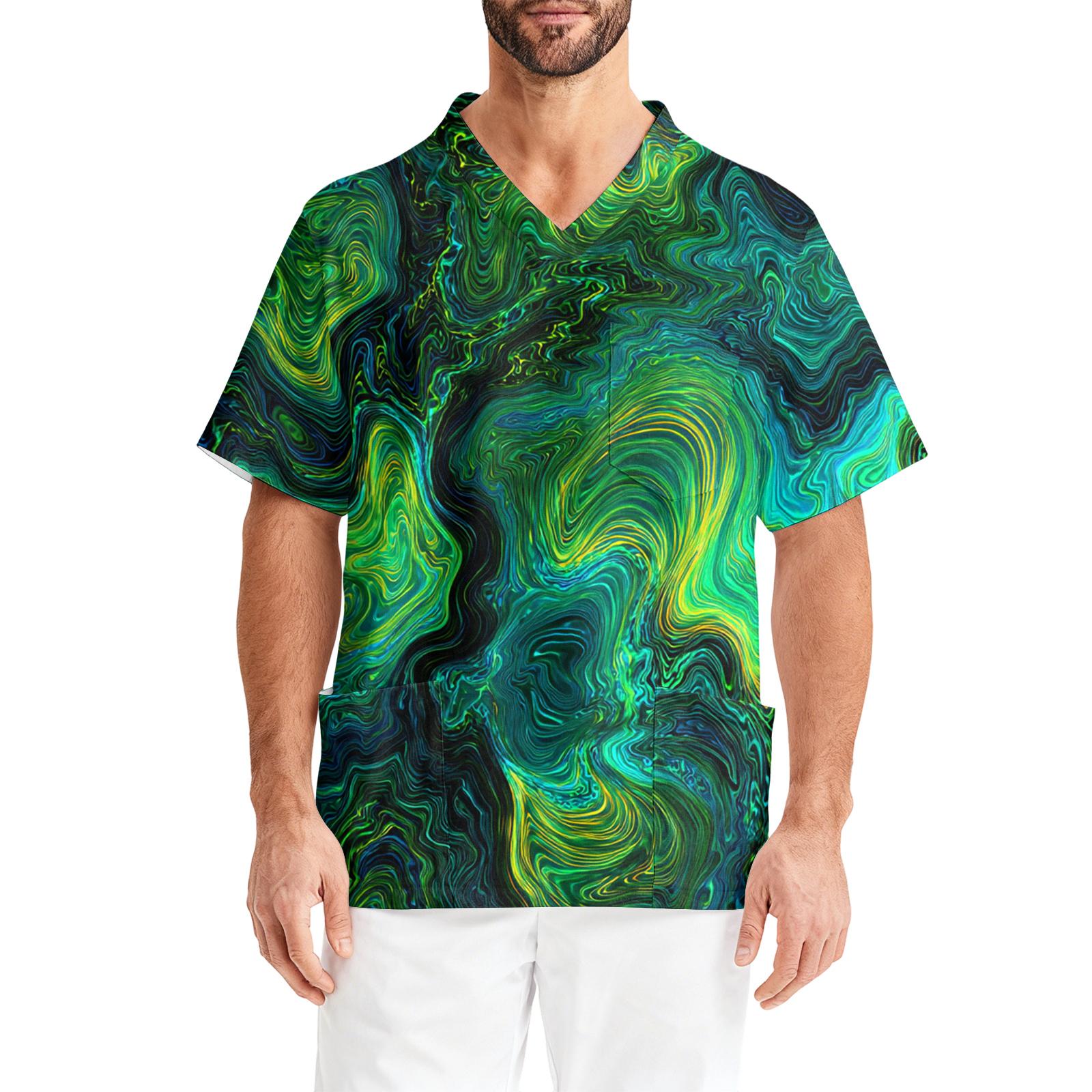 

Men s Printing Short Sleeve V,neck Working Blouse Chest Pocket Carer Top XXXXL зелений