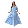 Big-size V-neck Belted Waistline Dress for Summer, Slimming Effect, Long Pocket Dress