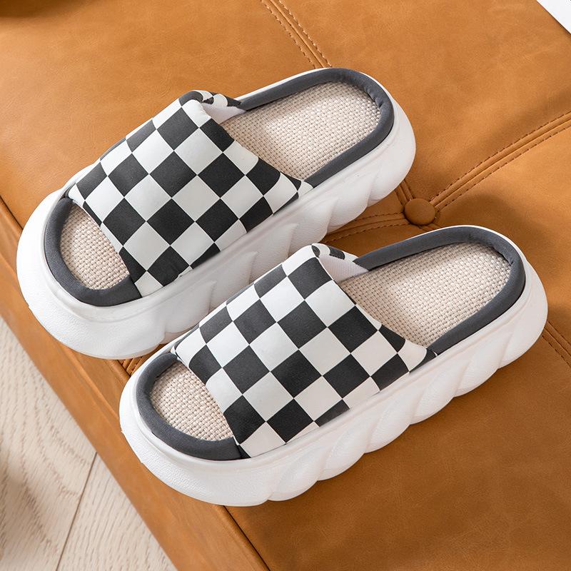 Four Seasons Linen Thick-soled Slippers Checkerboard Simple Home Non-slip Cool Slippers Couple Wooden Floor Mop