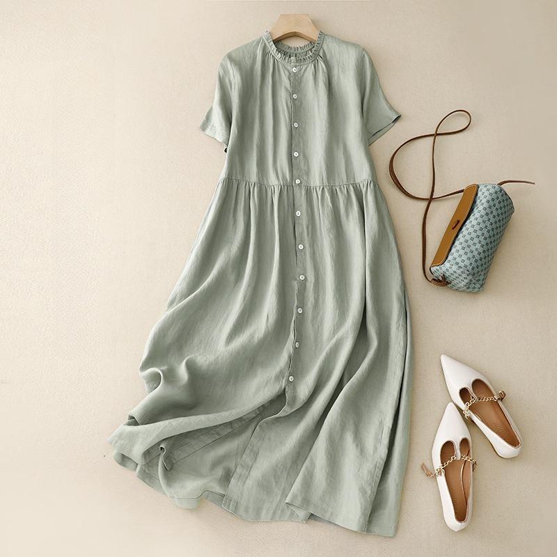 Spring and Summer Cotton and Linen Cardigan Long Sleeved Dress