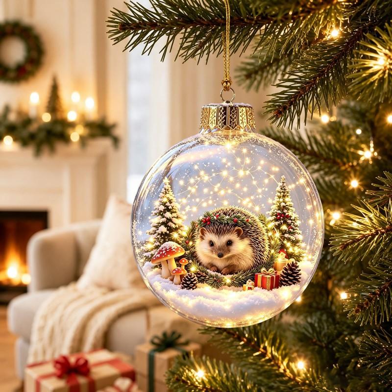 Acrylic Christmas Ornament With Animal Design - Hedgehog Penguin Panda Lamb Light-Up Hanging Decor Tree Home Festive Display
