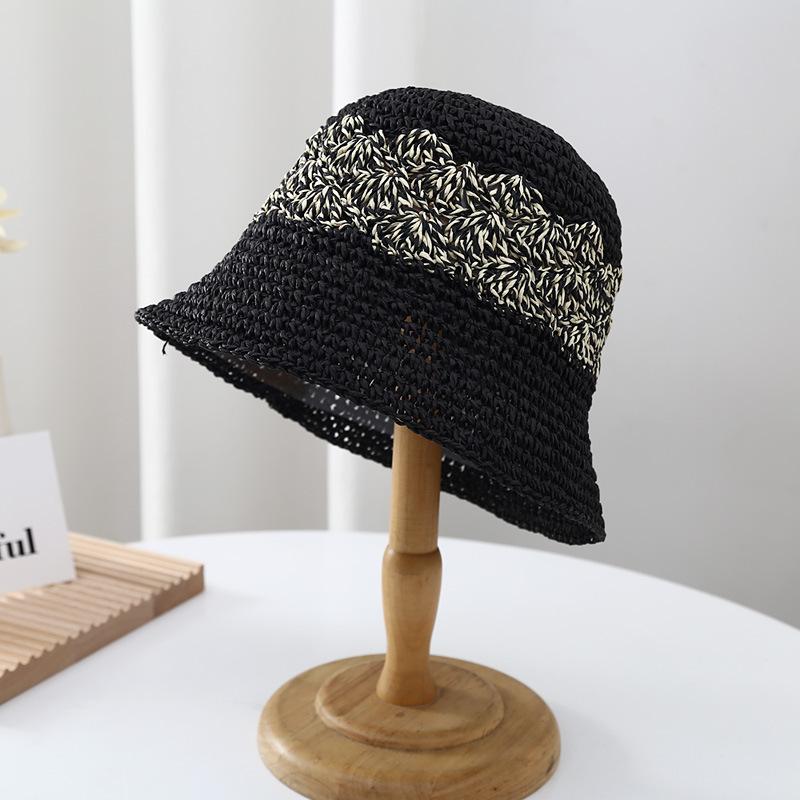 

1PC summer new women s hat Japanese hand-woven bucket hat hollow sun hat Korean version small edge bucket straw hat чёрный