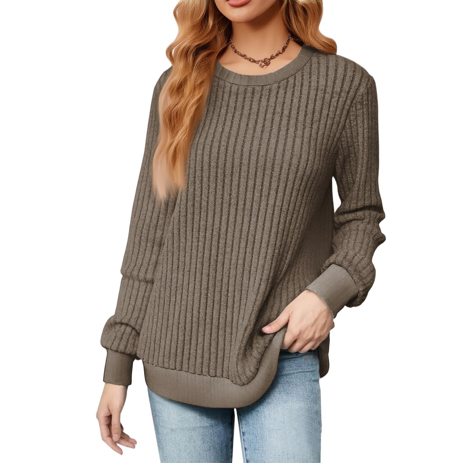 

Fashionable Women s Long Sleeved Lightweight Sweater Loose Round Neck Top XL коричневый