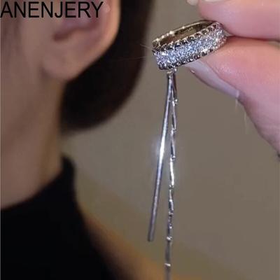 Shiny Zircon Long Tassel Cuff Clip Earrings for Women Light Luxury Ear Bone Clips Without Ear Holes Jewelry Pulseras
