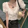 Damen Weißes Quadratischer Ausschnitt Puffärmel Schnürung Crop Top