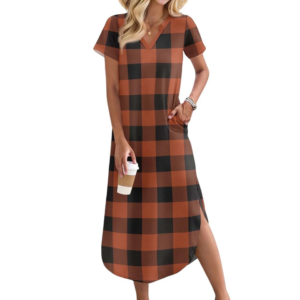 Women's Casual Comfortable V Neck Loose Hem Split Vacation Short Sleeve Plaid Long Dresses