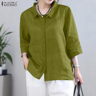 Women Turn Down Collar Solid Color Loose 3/4 Sleeve Blouse