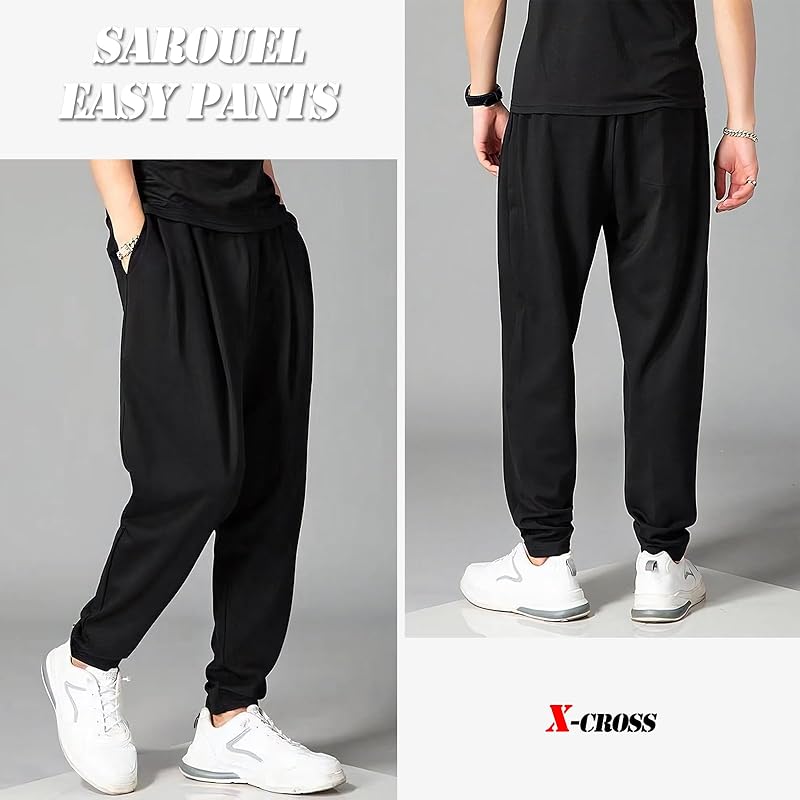 [X-cross] Cross Easy Pants Stretch Men's Relaxing Extend Black Outdoor Street Fashionable Hemmed Room Wear Thin Plain Color Tapered Room Pants Soft