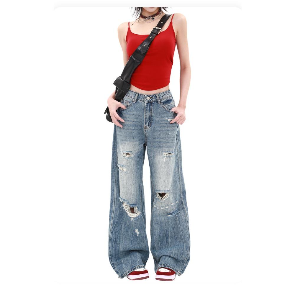 Women's High Waist Wide Leg Jeans Non Stretch Vintage Washed Heavy Ripped American Streetwear Denim Trousers