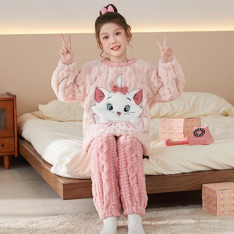 Girls Winter Coral Fleece Pajama Set Cartoon Animal Print Thick Warm Sleepwear Ages 8