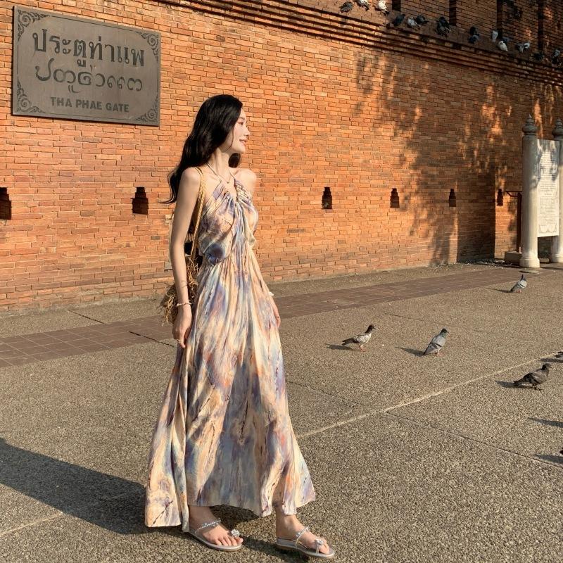 French Retro Oil Painting Gentle Floral Sling Waist Dress Seaside Vacation Dress Summer Island Skirt