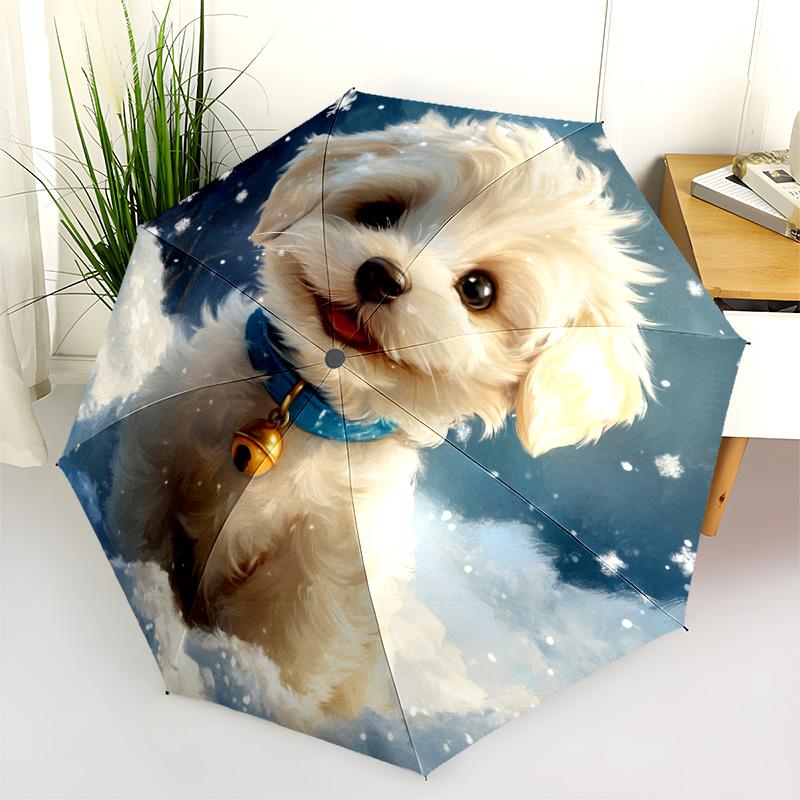 0106 Snowflake Dog  pattern, automatic folding umbrella, portable and foldable design, 8 ribs, a Christmas or birthday gift.