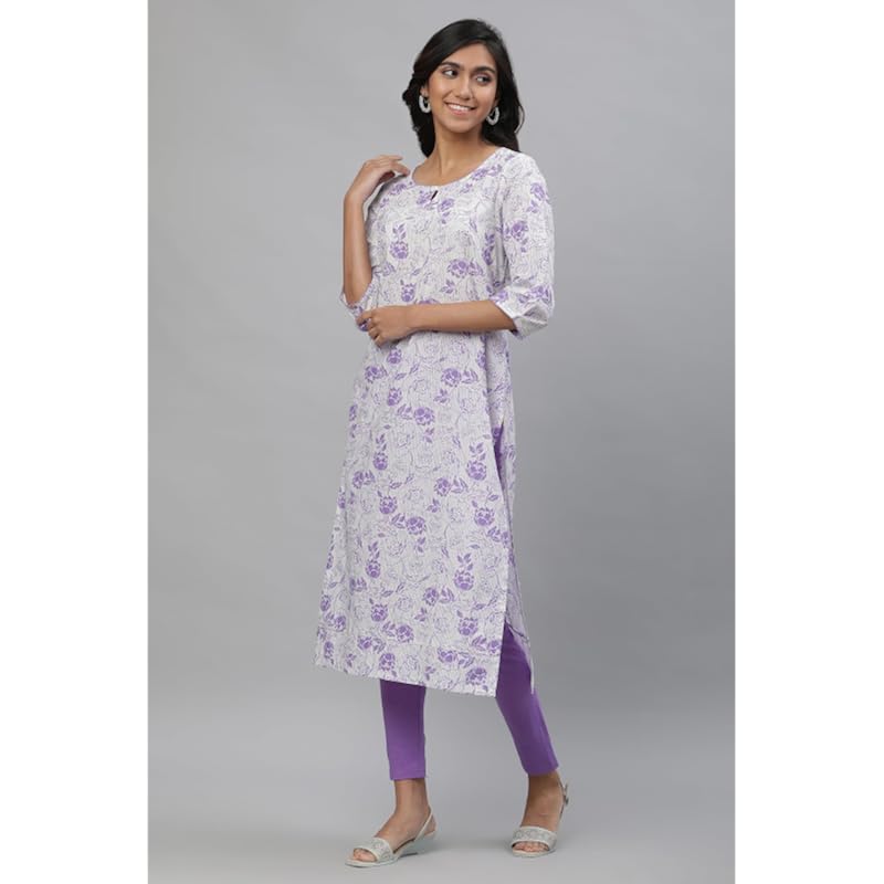 Aurelia White Floral Printed Printed Cotton Straight Long Kurta for Women