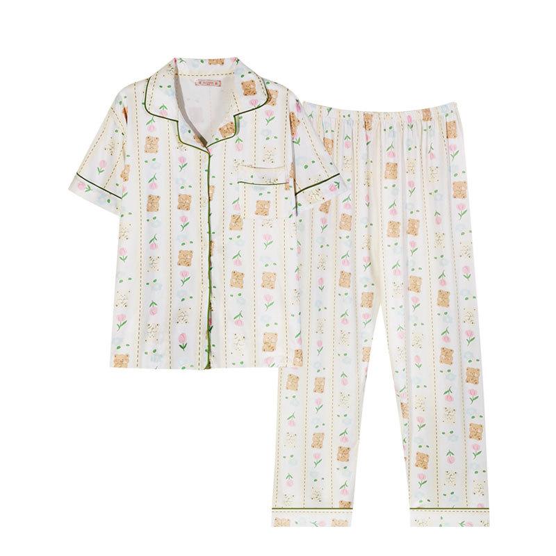 Pajamas Women'S Two-Piece Set Cute Cartoon Bear Summer Cardigan Short-Sleeved Trousers Fashionable Versatile Loungewear
