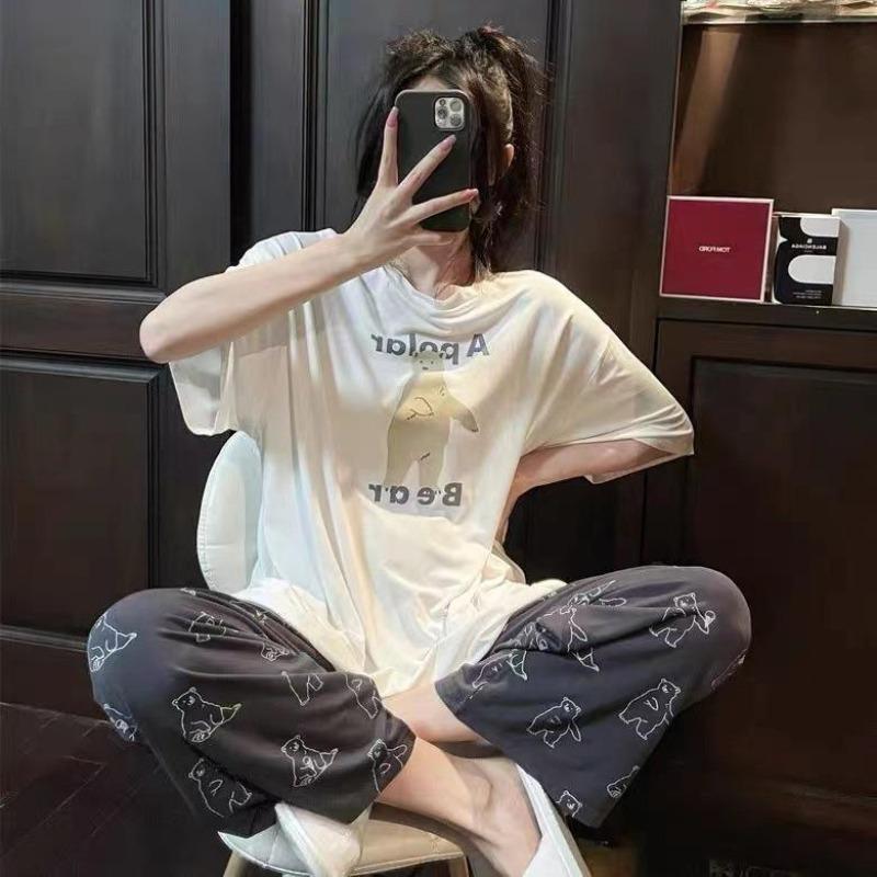 Pajamas women's short-sleeved trousers summer cartoon cute 2 new cartoon spring and summer loungewear suit can be worn outside