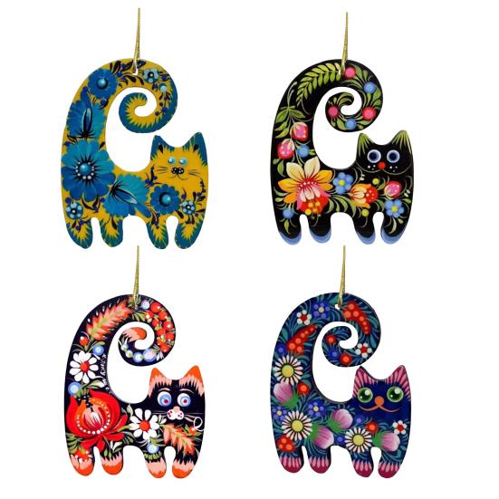 Cat Christmas Ornaments Floral Hand-painted Acrylic Animal Tree Hanging Decoration for Holiday Tree Party Decor
