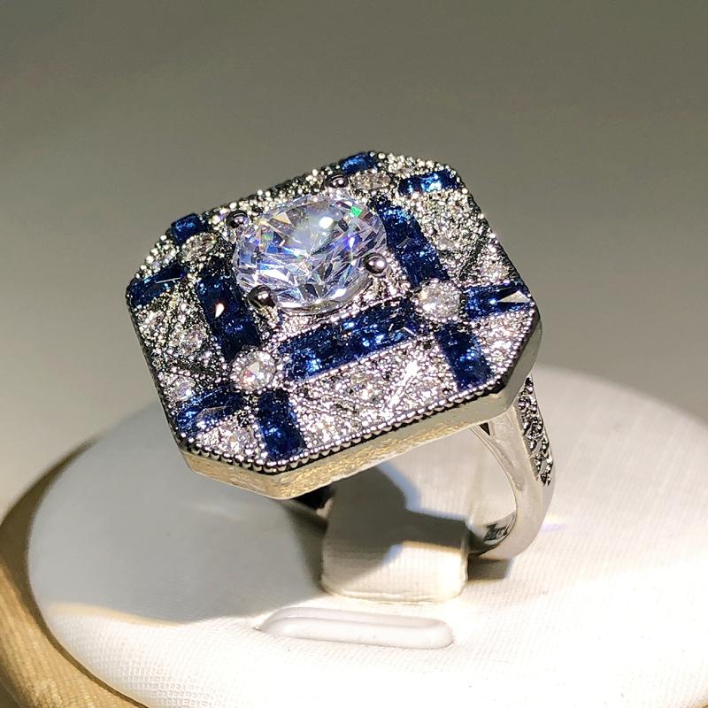 Cuivre Luxe Géométrie Grandes Bagues Pour Hommes Femmes Zircon Bleu Blanc Bague de Fiançailles Pierre de Naissance bague saphir